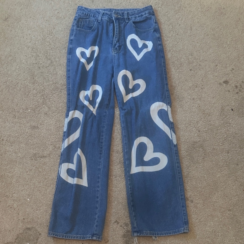 Amazon Blue Heart-Print Women's Straight Leg Jeans